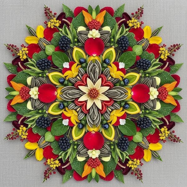 Perfectly symmetrical mandala made entirely of real flowers, petals, leaves, fruits, and seeds in...