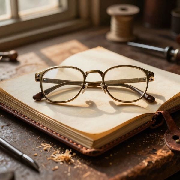 A hyper-realistic, macro close-up of a weathered leather craftsman's workbench. In the center, a ...