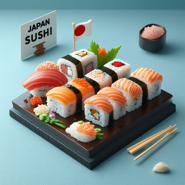 AI image generated by Stable Diffusion 3.5 Large, ranked #14 of 23 in the "Isometric Miniature Diorama Scenes" arena challenge — prompt: Create a clear, 45° top-down isometric miniature 3D cartoon scene of Japan's signature dish: sushi, with soft refined textures, realistic PBR materials, gentle lighting, on a small raised diorama base with minimal garnish and plate. Solid light blue background. At top-center: 'JAPAN' in large bold text, 'SUSHI' below it, small flag icon. Perfectly centered, ultra-clean, high-clarity, square format.