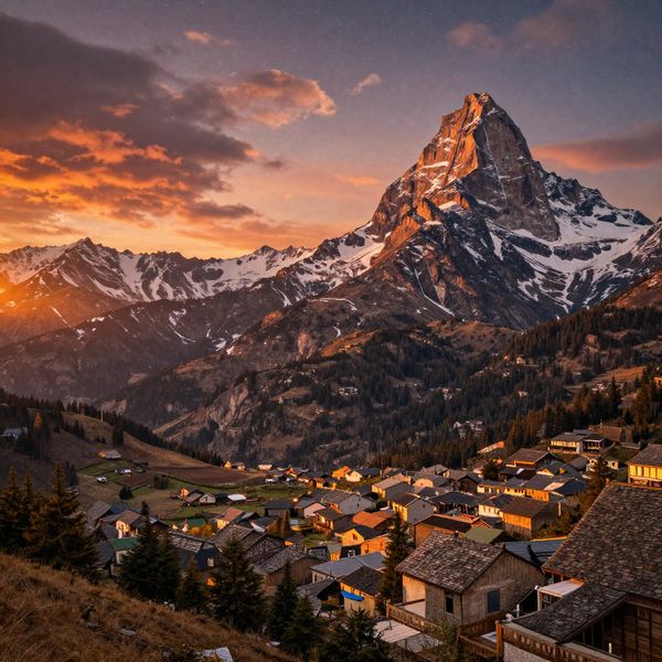 Change the scene to night: a deep, dark sky with subtle, glistening stars visible behind the moun...