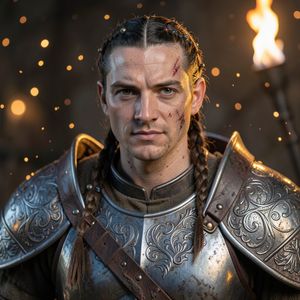 Close portrait of a battle-worn paladin in ornate engrave...