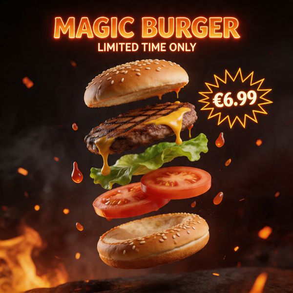 AI image generated by Seedream 5.0 Lite, ranked #12 of 19 in the "Magic Burger Explosion: Fiery Photorealism Challenge" arena challenge — prompt: Ad for 'Magic Burger'. Dynamic, exploded burger with all components (bun, patty, cheese, lettuce, tomato, sauce) suspended in mid-air. Emphasize photorealistic detail and a sense of motion. Dark, fiery background with glowing embers. Integrate text: 'MAGIC BURGER' as a prominent title, 'LIMITED TIME ONLY' as a secondary message, and '€6.99' in a starburst, all rendered with a fiery, glowing effect.
