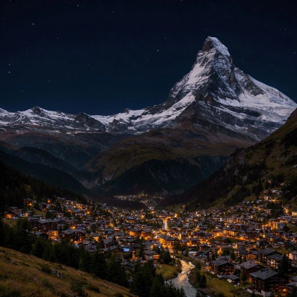 AI image generated by FLUX.2 [pro], ranked #4 of 16 in the "Night Sky Transformation" arena challenge — prompt: Change the scene to night: a deep, dark sky with subtle, glistening stars visible behind the mountain.