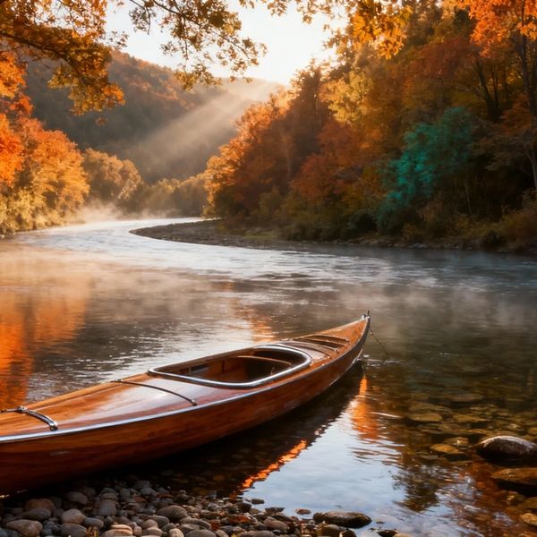 AI image generated by Riverflow 1 Mini — prompt: A cinematic wide-angle shot of a serene, winding river cutting through a lush autumnal valley during the golden hour. In the foreground, a sleek, modern wooden kayak with polished chrome accents rests on the pebble-strewn shore, its surface reflecting the vibrant oranges and deep teals of the surrounding forest. The water's surface is crystal clear, showing detailed river stones beneath a soft, misty layer of morning fog. The lighting is dramatic, with sunbeams piercing through the canopy, creating a rich, professional color grade with deep shadows and brilliant highlights. High-end photography aesthetic, 16:9 composition.