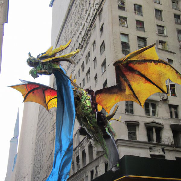 AI image generated by DALL-E 2 — prompt: A dragon flying through Fifth Avenue in NYC