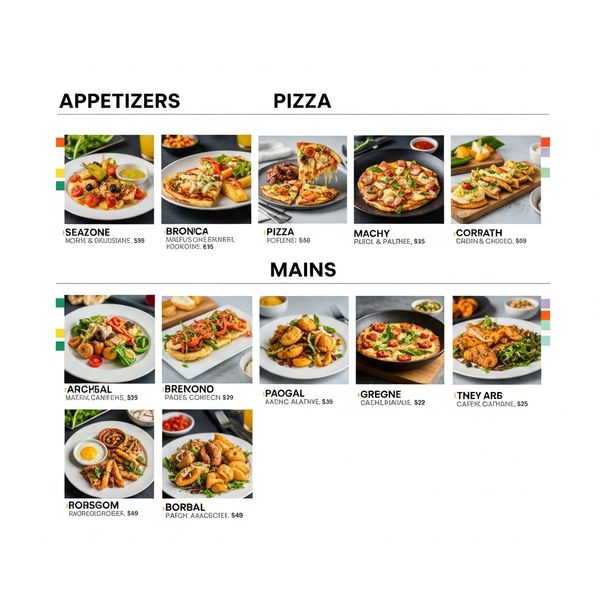 Modern minimalist restaurant menu design, white background with colorful food photos in grid, sec...