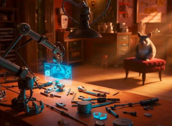 Cinematic 16:9 wide shot of a cozy futuristic hobbyist workshop. In the center, a glowing hologra...