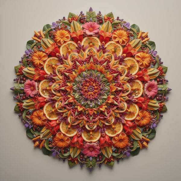 AI image generated by FLUX.2 [max], ranked #4 of 15 in the "Intricate Floral Mandala" arena challenge — prompt: Perfectly symmetrical mandala made entirely of real flowers, petals, leaves, fruits, and seeds in vibrant natural colors, intricate layered patterns with radial symmetry, top-down view on a soft neutral background, hyper-detailed organic textures and subtle shadows, photorealistic, 8K masterpiece.