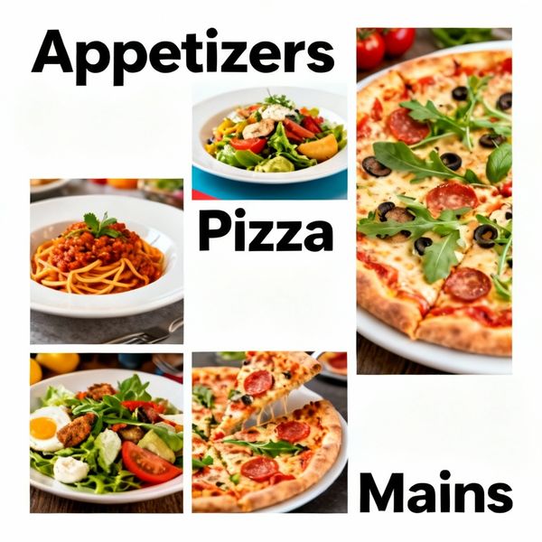 AI image generated by Seedream 4.0, ranked #19 of 19 in the "Modern Clean Menu" arena challenge — prompt: Modern minimalist restaurant menu design, white background with colorful food photos in grid, sections for appetizers/pizza/mains, bold sans-serif fonts, vibrant accents, clean professional layout for casual dining.