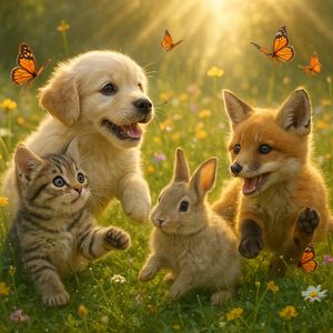 Hyper-photorealistic scene of fluffy baby animals—a golde...