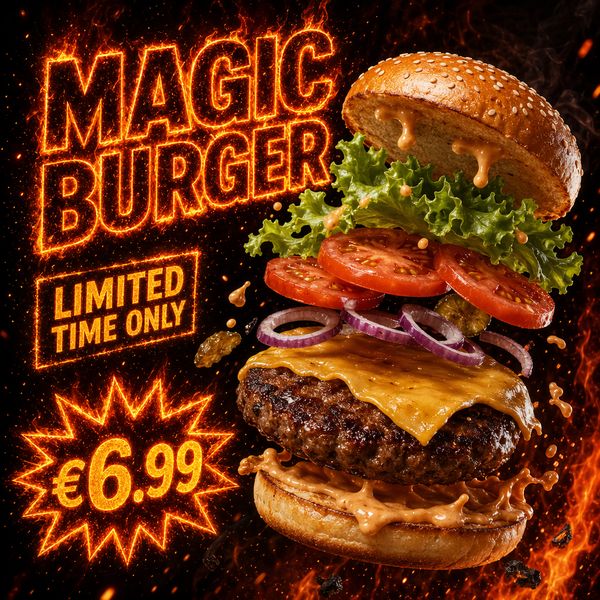 AI image generated by GPT Image 2, ranked #1 of 19 in the "Magic Burger Explosion: Fiery Photorealism Challenge" arena challenge — prompt: Ad for 'Magic Burger'. Dynamic, exploded burger with all components (bun, patty, cheese, lettuce, tomato, sauce) suspended in mid-air. Emphasize photorealistic detail and a sense of motion. Dark, fiery background with glowing embers. Integrate text: 'MAGIC BURGER' as a prominent title, 'LIMITED TIME ONLY' as a secondary message, and '€6.99' in a starburst, all rendered with a fiery, glowing effect.