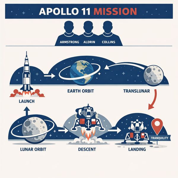 AI image generated by GPT Image 1.5, ranked #7 of 19 in the "Apollo 11: Journey to Tranquility" arena challenge — prompt: Create a clean, modern vector infographic poster about the Apollo 11 mission. NASA-inspired palette (navy, white, muted red, light gray). Flat-vector style, crisp lines, consistent iconography, subtle gradients only.
Steps (stop at landing):
1. Launch (Saturn Vicon)
2. Earth Orbit (Earth + orbit ring icon)
3. Translunar (trajectory arc icon)
4. Lunar Orbit (Moon + orbit ring icon)
5. Descent (lunar module descending icon)
6. Landing (lunar module on the surface icon)
Small supporting elements (minimal text):
• Crew strip: three silhouette icons with only last names:
Armstrong, Aldrin, Collins.
• Landing site marker: Moon pin labeled "Tranquility" only.
Layout constraints: generous margins, large readable labels, clean background with subtle stars. Vector-only, print-poster look, high resolution.