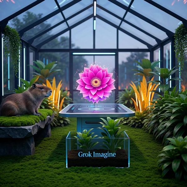 Cinematic wide shot of a futuristic neon-lit greenhouse at dusk. In the center, a holographic dis...