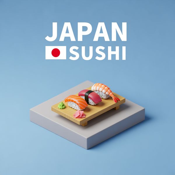 AI image generated by Wan 2.6, ranked #7 of 21 in the "Isometric Miniature Diorama Scenes" arena challenge — prompt: Create a clear, 45° top-down isometric miniature 3D cartoon scene of Japan's signature dish: sushi, with soft refined textures, realistic PBR materials, gentle lighting, on a small raised diorama base with minimal garnish and plate. Solid light blue background. At top-center: 'JAPAN' in large bold text, 'SUSHI' below it, small flag icon. Perfectly centered, ultra-clean, high-clarity, square format.