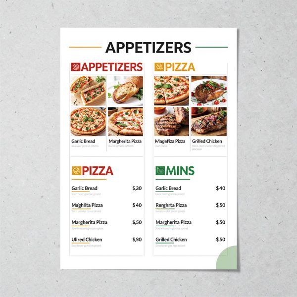 AI image generated by FLUX.2 [pro], ranked #12 of 19 in the "Modern Clean Menu" arena challenge — prompt: Modern minimalist restaurant menu design, white background with colorful food photos in grid, sections for appetizers/pizza/mains, bold sans-serif fonts, vibrant accents, clean professional layout for casual dining.