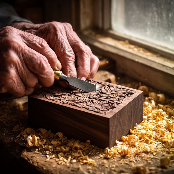 A hyper-realistic close-up of an elderly craftsman's weathered hands meticulously carving intrica...