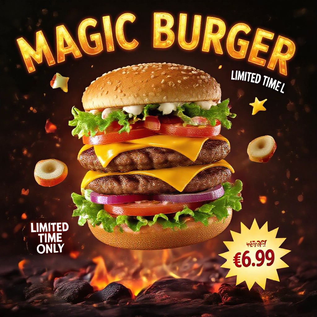 HiDream I1 Fast full size benchmark result for Magic Burger Explosion: Fiery Photorealism Challenge