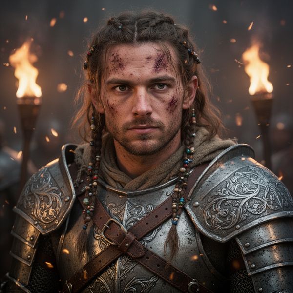 Close portrait of a battle-worn paladin in ornate engraved plate armor, hair braided with small b...