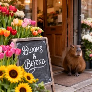 A cozy street-side flower shop with a chalkboard sign out...