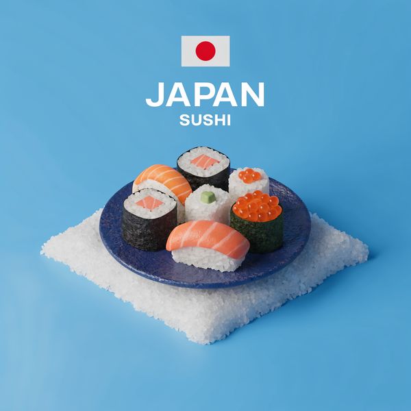 AI image generated by Recraft V4 Pro, ranked #15 of 23 in the "Isometric Miniature Diorama Scenes" arena challenge — prompt: Create a clear, 45° top-down isometric miniature 3D cartoon scene of Japan's signature dish: sushi, with soft refined textures, realistic PBR materials, gentle lighting, on a small raised diorama base with minimal garnish and plate. Solid light blue background. At top-center: 'JAPAN' in large bold text, 'SUSHI' below it, small flag icon. Perfectly centered, ultra-clean, high-clarity, square format.