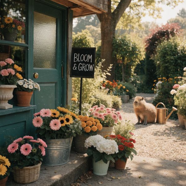 A nostalgic polaroid of a cozy outdoor flower shop with a chalkboard sign that says "BLOOM & GROW...
