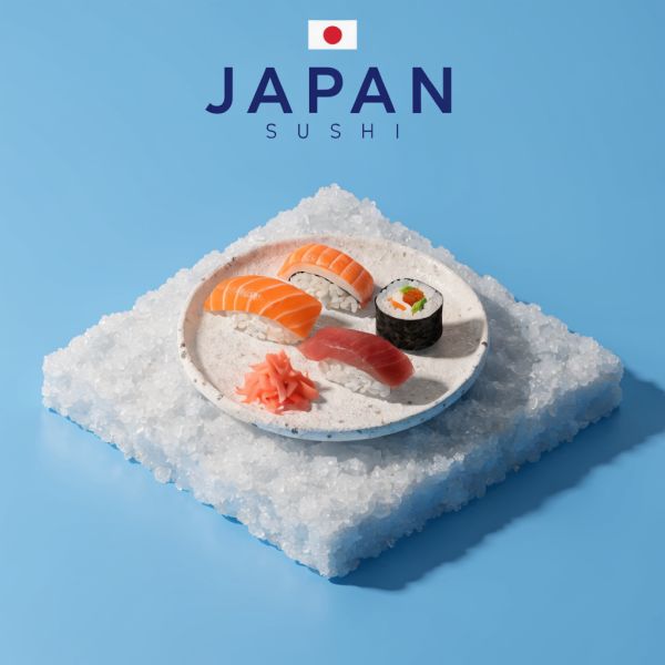 AI image generated by Recraft V4, ranked #11 of 21 in the "Isometric Miniature Diorama Scenes" arena challenge — prompt: Create a clear, 45° top-down isometric miniature 3D cartoon scene of Japan's signature dish: sushi, with soft refined textures, realistic PBR materials, gentle lighting, on a small raised diorama base with minimal garnish and plate. Solid light blue background. At top-center: 'JAPAN' in large bold text, 'SUSHI' below it, small flag icon. Perfectly centered, ultra-clean, high-clarity, square format.