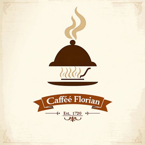 Vintage minimalist restaurant logo for "Caffè Florian", retro cloche dome with steam and "Est. 17...