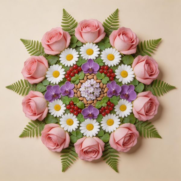 Perfectly symmetrical mandala made entirely of real flowers, petals, leaves, fruits, and seeds in...