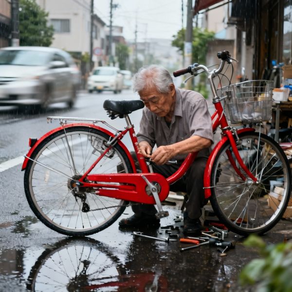 AI image generated by Seedream 4.0, ranked #11 of 22 in the "Candid Street Photography" arena challenge — prompt: A candid street photo of an elderly Japanese man repairing a red bicycle in light rain, reflections on wet pavement, shallow depth of field, 50mm lens, natural skin texture, imperfect framing, motion blur from passing cars, cinematic but realistic, no stylization.