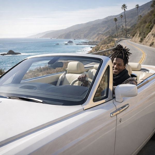 AI image generated by GPT Image 1.5, ranked #1 of 13 in the "Man and Car in California" arena challenge — prompt: Make a photo of the man driving the car down the California coastline