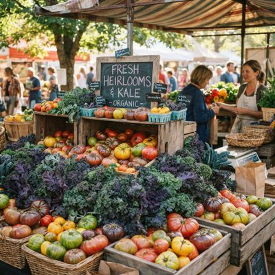 Nano Banana 2 Lite generated image of Abundant farmers market stall, overflowing baskets of heirloom tomatoes and p...