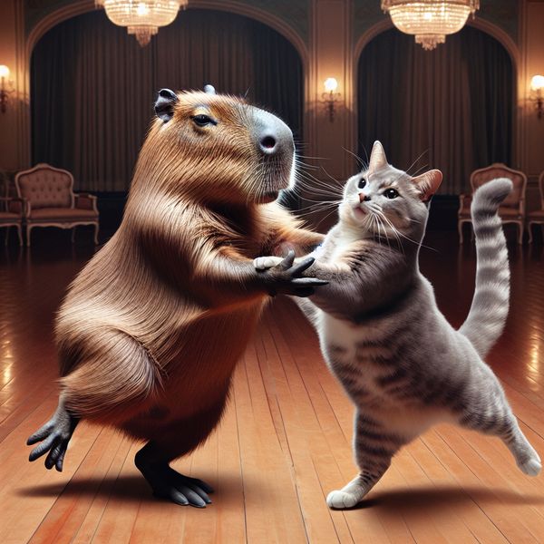 AI image generated by DALL-E 3 — prompt: A capybara dancing tango with a cat