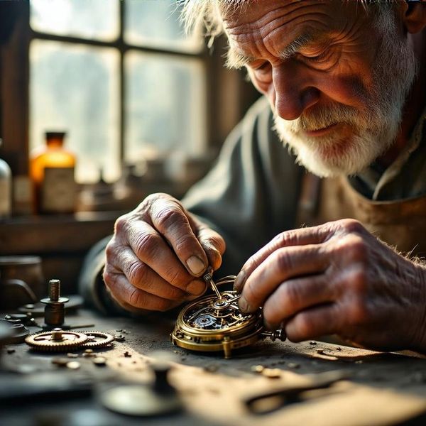 A hyper-realistic close-up of an elderly craftsman's weathered hands meticulously assembling a vi...