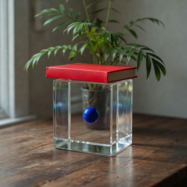 AI image generated by Grok Imagine Image, ranked #16 of 22 in the "Geometric Composition" arena challenge — prompt: A glass cube on a wooden table. Inside the cube is a small blue sphere. On top of the cube sits a red book. A green plant is behind the cube, partially visible through the glass. Soft window light from the left.