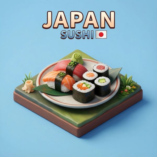 Create a clear, 45° top-down isometric miniature 3D cartoon scene of Japan's signature dish: sush...