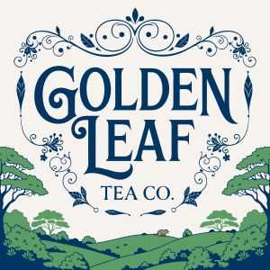 A vintage tin sign for "GOLDEN LEAF TEA CO." featuring el...