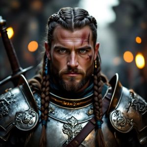 Close portrait of a battle-worn paladin in ornate engrave...