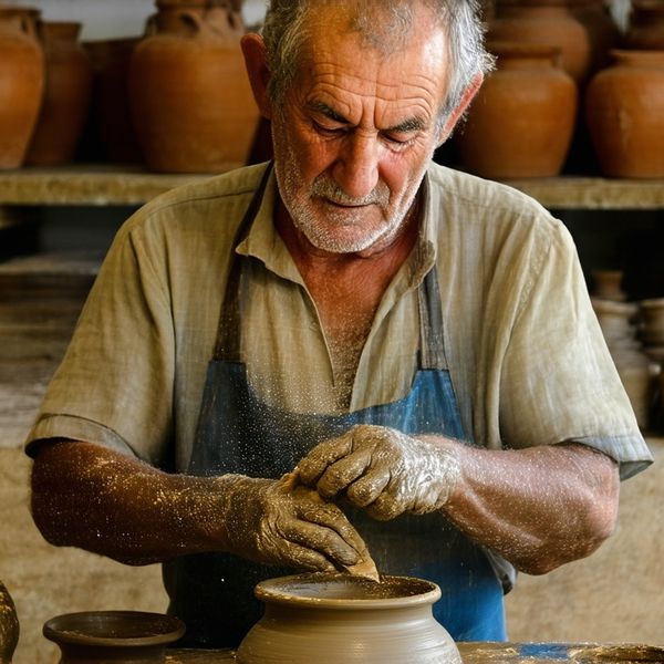 A portrait of an elderly artisan in a sun-drenched Mediterranean workshop, meticulously hand-pain...