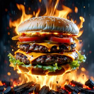 Stable Diffusion 3.5 Large — Magic Burger Explosion: Fiery Photorealism Challenge