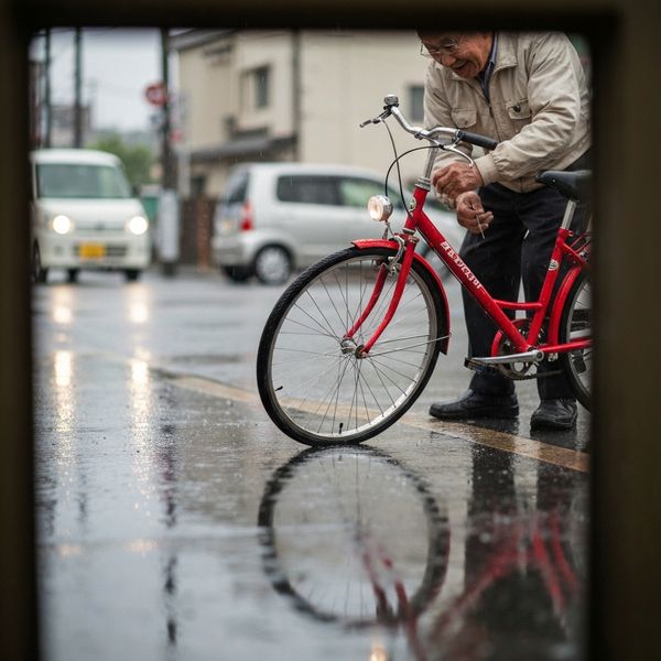A candid street photo of an elderly Japanese man repairing a red bicycle in light rain, reflectio...