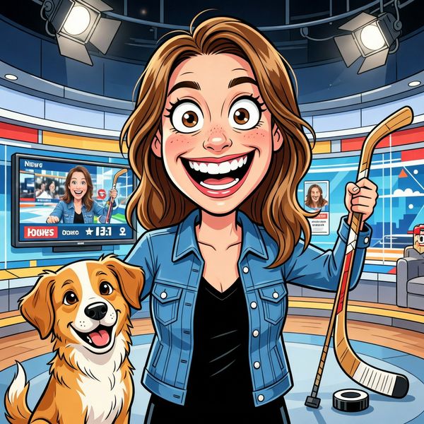AI image generated by Wan 2.6, ranked #12 of 13 in the "Over-the-top cartoon caricature" arena challenge — prompt: Create a caricature of me and my job. Make it exaggerated and humorous, incorporating my profession as a tv show anchor and my love for dogs and hockey.