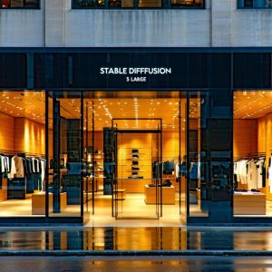 Cinematic wide shot of a high-end, minimalist flagship st...