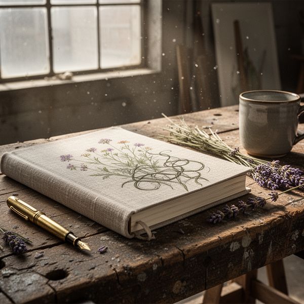 Cinematic wide shot of a weathered vintage wooden workbench in an artist's sunlit studio. A heavy...