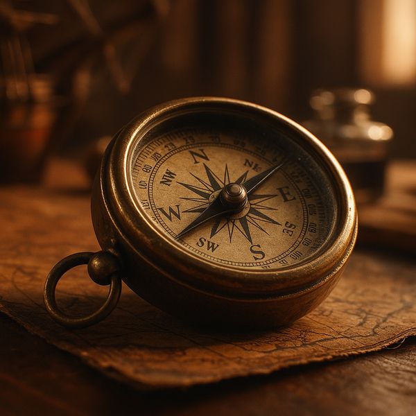AI image generated by GPT Image 1 — prompt: A hyper-realistic, close-up macro photograph of a weathered vintage compass resting on a worn leather map. The brass casing of the compass shows delicate scratches and a slight patina, catching the soft, golden hour sunlight streaming through a nearby window. In the background, out-of-focus wooden ship elements and a glass inkwell create a rich, scholarly atmosphere. 4:3 landscape, shallow depth of field, cinematic lighting, 8k resolution.