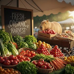 A vibrant, sun-drenched farmers market stall with a chalk...