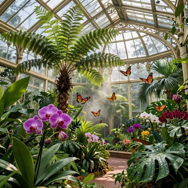 AI image generated by Z-Image Turbo, ranked #12 of 17 in the "Victorian Greenhouse Oasis" arena challenge — prompt: Hyper-photorealistic interior of a lush Victorian glass greenhouse filled with exotic tropical plants, vibrant blooming orchids, tall ferns, colorful butterflies in flight, sunlight filtering through ornate glass roof creating realistic caustics and dew on leaves, intricate iron framework visible, misty atmosphere, 8K masterpiece.