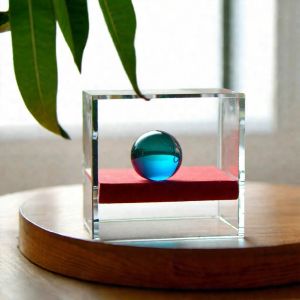 A glass cube on a wooden table. Inside the cube is a smal...
