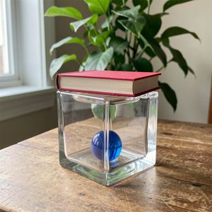 A glass cube on a wooden table. Inside the cube is a smal...