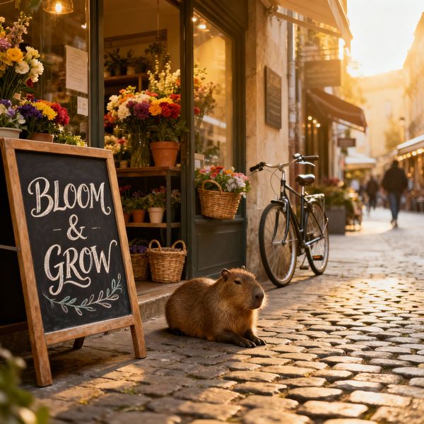 AI image generated by Riverflow 2 Fast Preview — prompt: A cozy street-side flower shop with a chalkboard sign that says "BLOOM & GROW" in elegant hand-drawn calligraphy. In the soft-focus background, a capybara calmly rests on the cobblestones near a bicycle. Cinematic lighting, 8k, warm tones.