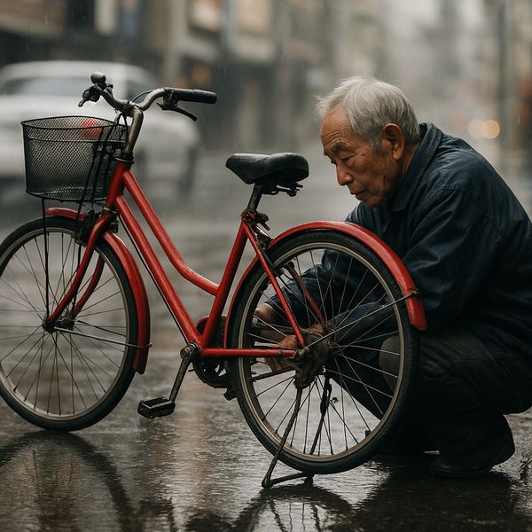 A candid street photo of an elderly Japanese man repairing a red bicycle in light rain, reflectio...